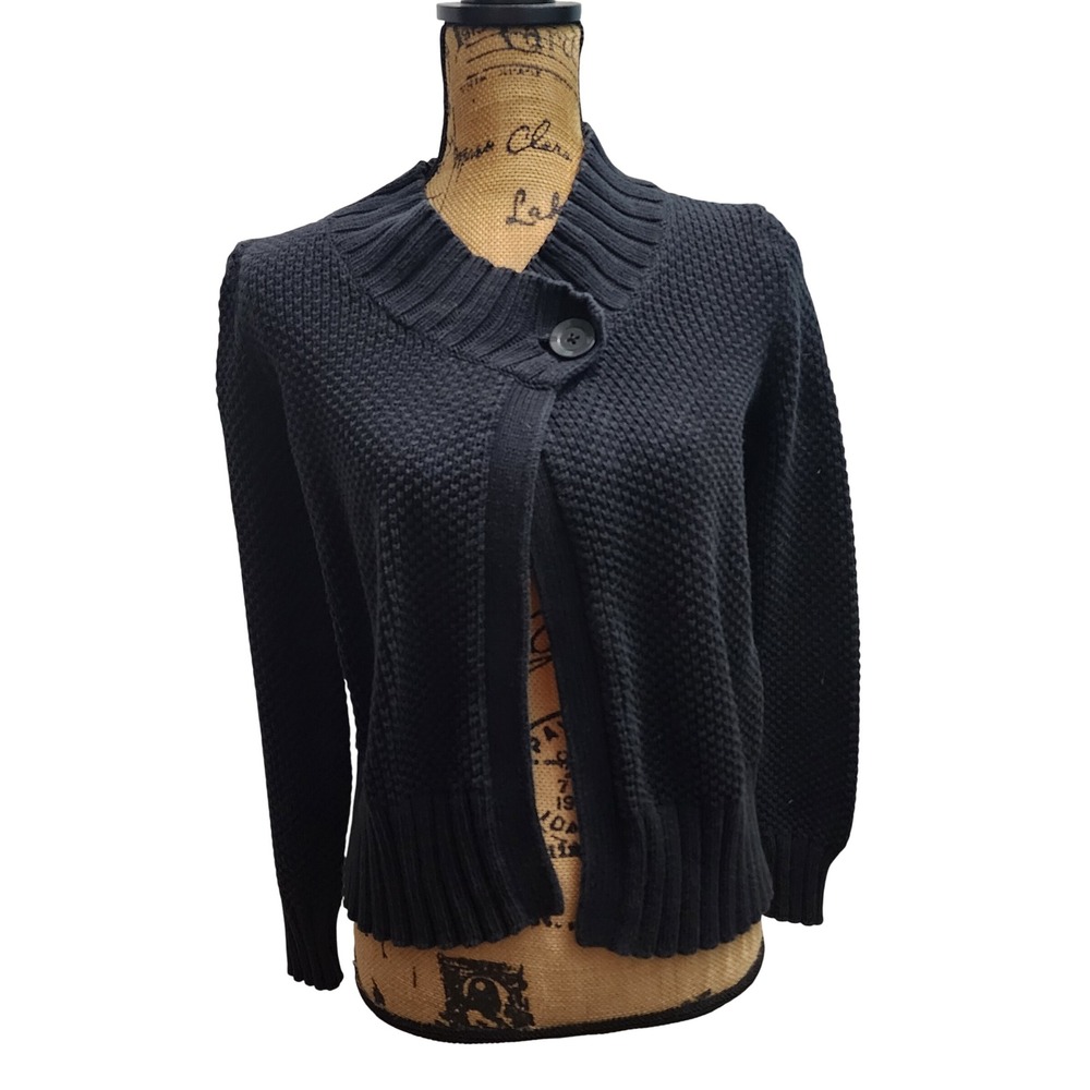 Jones New York Sport Black Textured Knit Button Cardigan Sweater Women's Medium